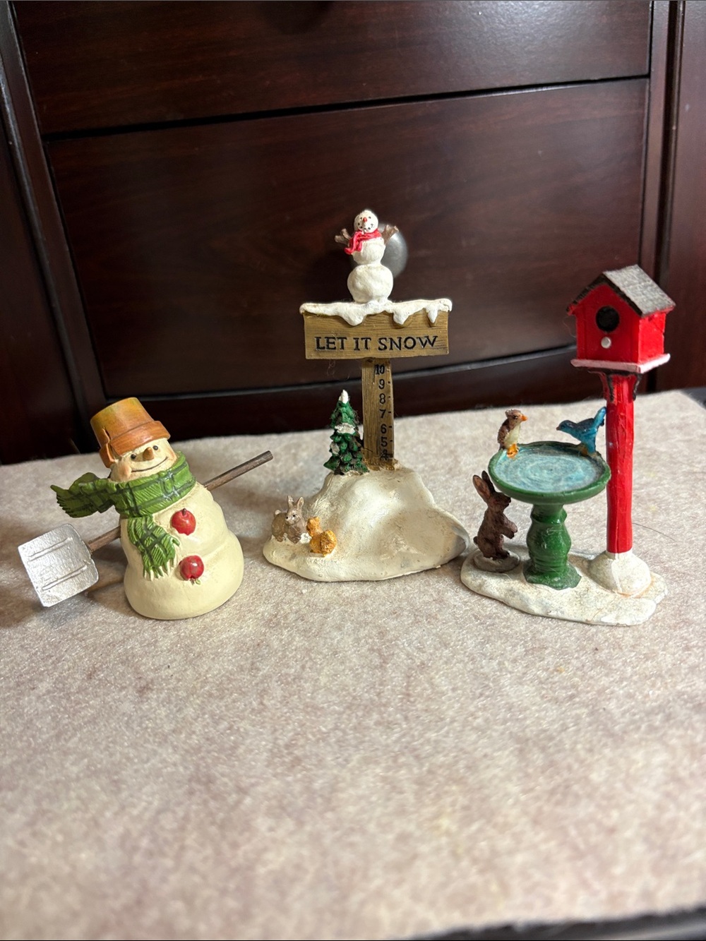 Winter Snowman & Birdbath Holiday Figurine Set -3 Pieces